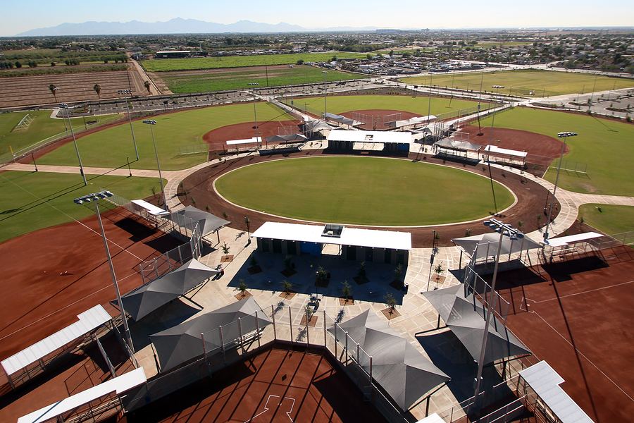 Aerial view of a regional ballpark complex