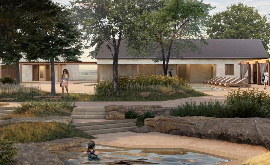 Stone courtyard with wading pool