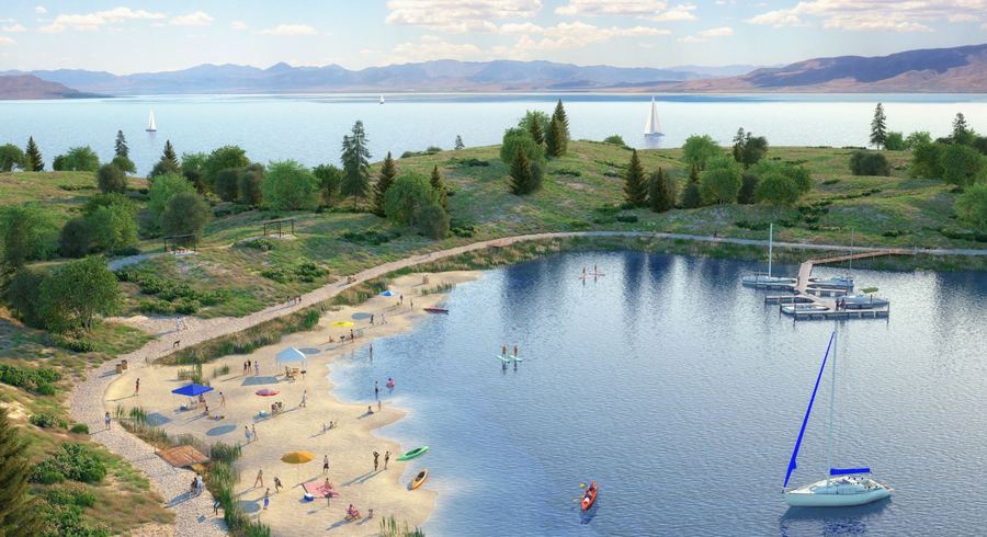 Community beach with sailboats